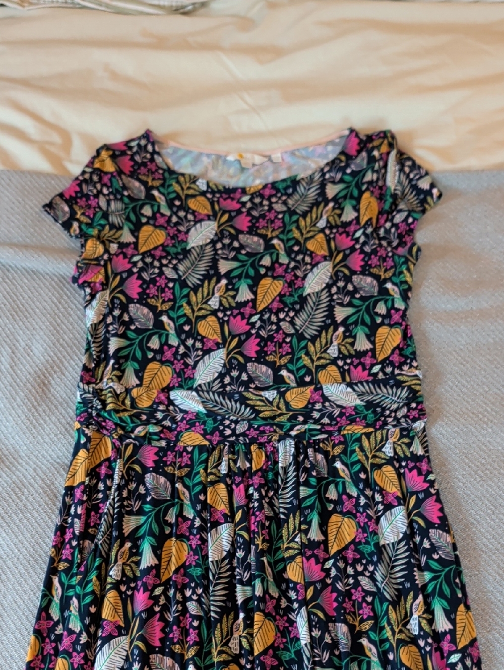 Boden Black Floral Print Casual Dress with Pink, Yellow & Green Accents